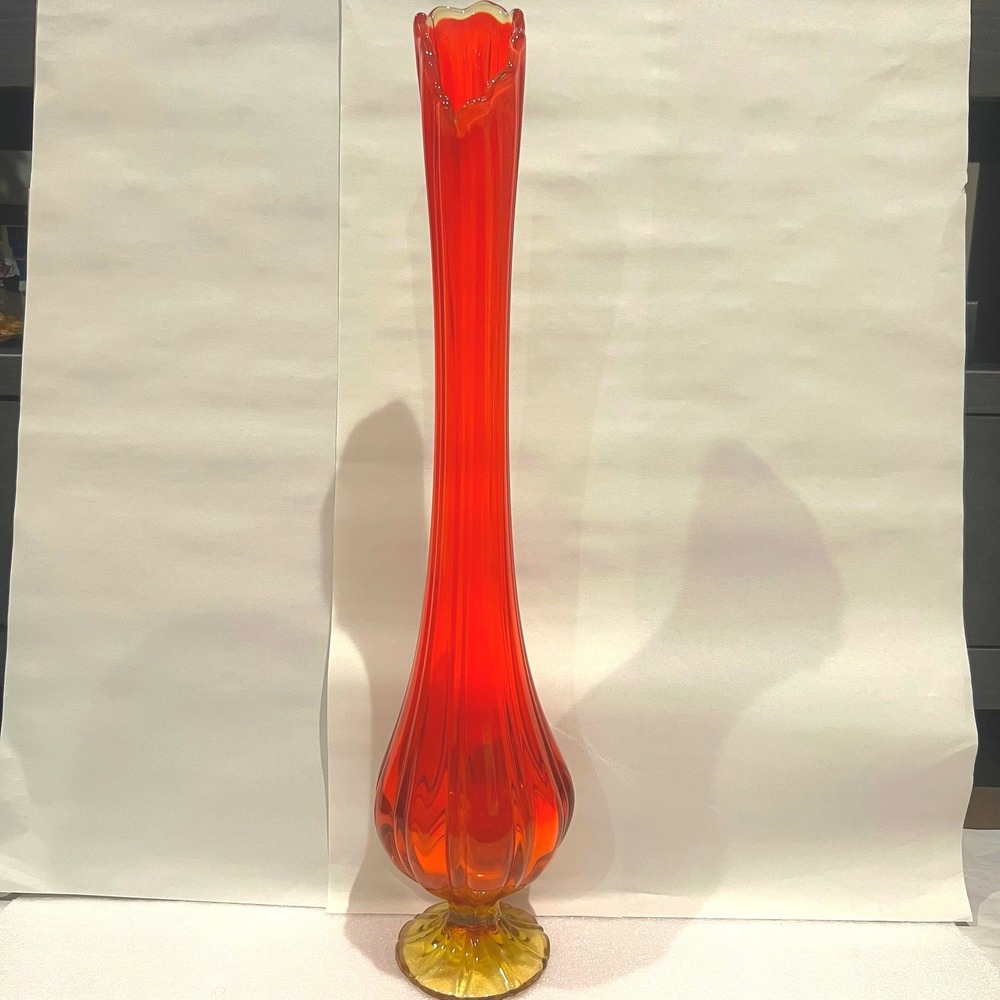LE Smith MCM Amberina Swung Vase Footed Ribbed UV Cadmium Glow 21.5"